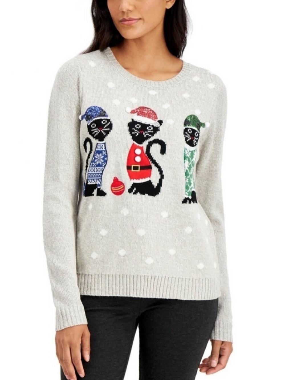 Karen Scott Women's Cats Graphic Knit Holiday Sweater in Light Gray Size 3X